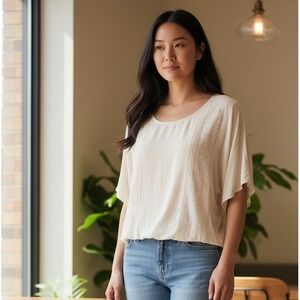 SONOMA Women's L Ivory Embroidered Short Sleeve Scoop Neck Drop Waist Tunic Top